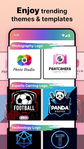 Trending logo templates organized by categories: Photography, Esports Gaming, and Technology themes