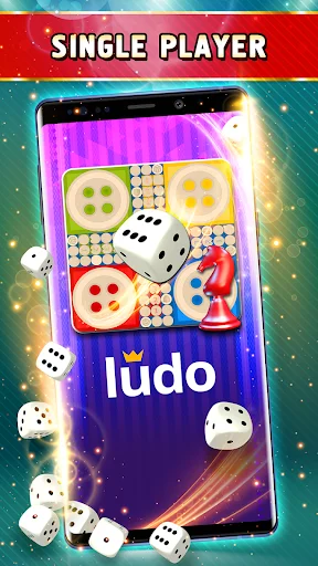 Single player Ludo board game with colorful game pieces, dice, and classic four-player board layout