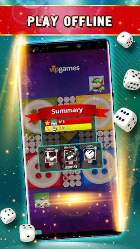 Ludo offline gameplay summary screen showing player rankings and game statistics during board game match