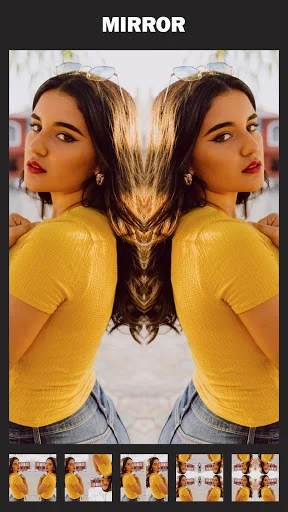 Mirror photo editor showing symmetrical flip effect on portrait with mirror layout templates