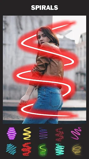Photo spiral effects editor with red spiral design and pattern customization options