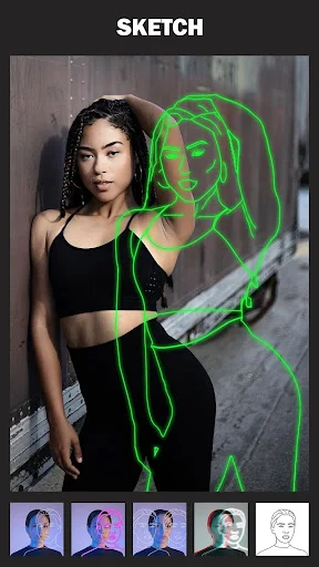 Sketch effect photo editor with neon green outline filter and color variations