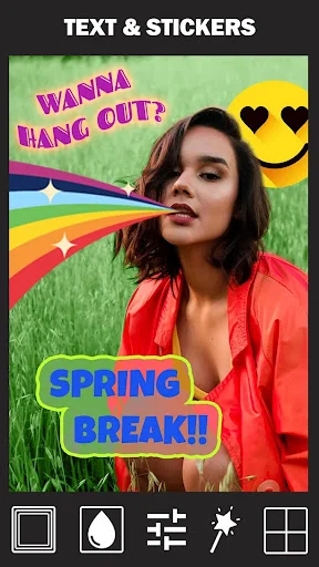 Photo sticker and text tool with rainbow and emoji graphics and editing features