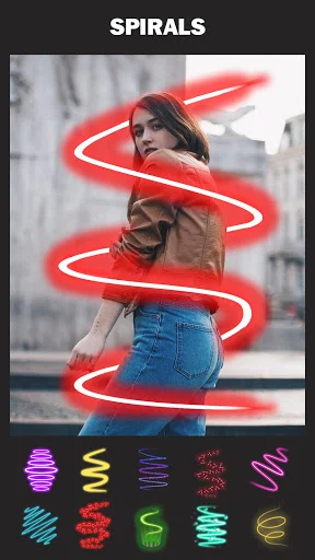 Spiral photo effect feature with red spiral overlay and colorful spiral pattern options