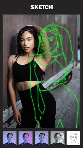 Sketch filter effect creating green neon outline overlay on photo with filter variations