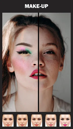Makeup editor showing split-screen before and after makeup transformation with beauty filters
