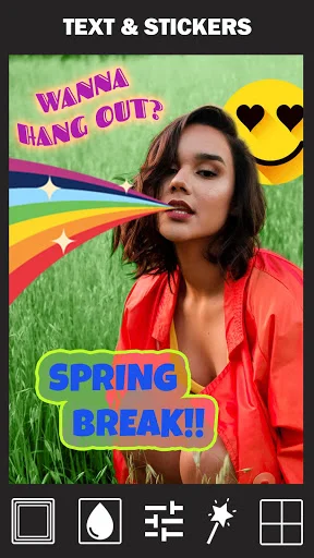 Text and stickers editor with colorful emoji and text overlays on photo with editing tools