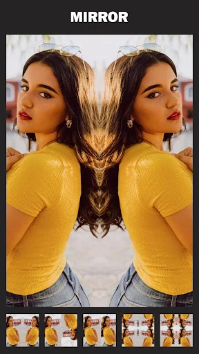 Mirror image flip editor demonstrating symmetrical portrait effect with template thumbnails