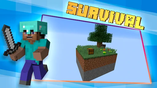Minecraft survival map showing floating island world with tree and character holding sword