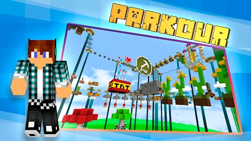 Minecraft parkour map with colorful obstacle course and character ready to jump and play