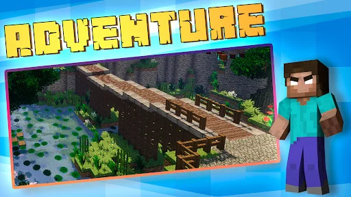 Adventure category in Minecraft maps app showing bridge landscape and default Steve character