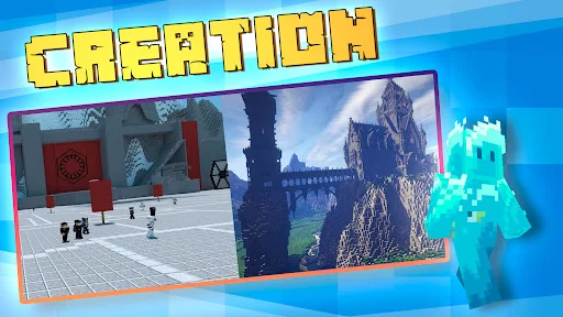 Creation mode showcasing two Minecraft build examples: interior room and fantasy castle architecture