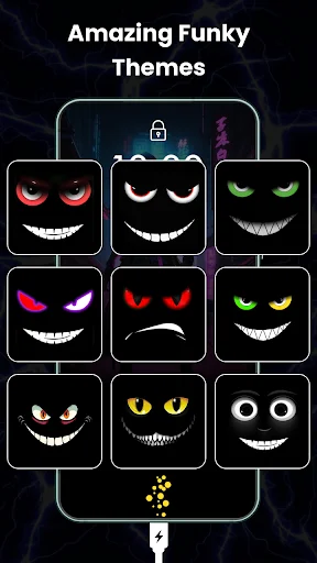 Grid display of 9 funky animated character themes with different eye and mouth designs for battery charging personalization