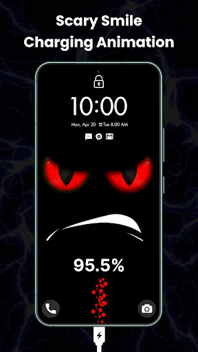 Scary character animation with red glowing eyes and downturned mouth displaying 95.5% battery charge with red particle effects