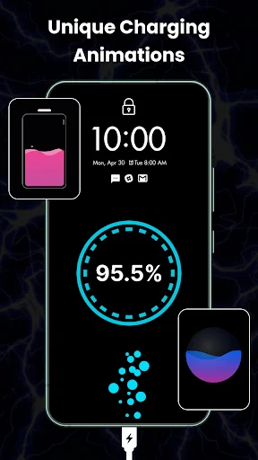 Animated charging circle with cyan particle effects and gradient mouth design showing battery percentage on lock screen