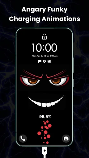 Angry funky character with red eyes and sharp teeth smile animates during device battery charging display