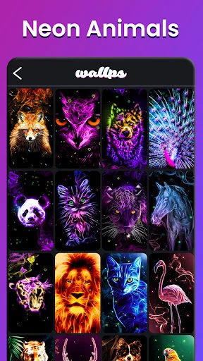 Neon Animals wallpaper collection showing vibrant glowing animal designs including lions, pandas, and peacocks