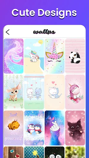 Cute Designs wallpaper gallery featuring pastel unicorns, kittens, bunnies, and kawaii-style backgrounds