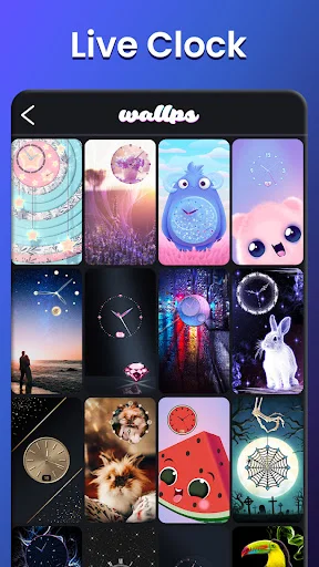 Live Clock wallpaper category displaying animated clock designs with constellations, animals, and timepiece themes