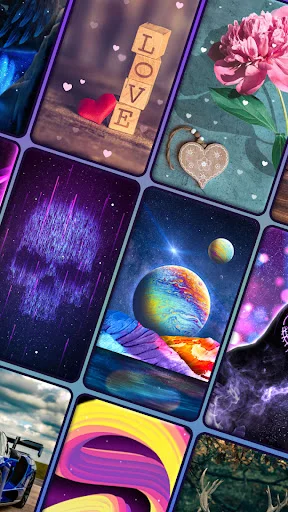 Wallps wallpaper grid showing diverse 4k backgrounds including LOVE blocks, pink flowers, planets, and space themes
