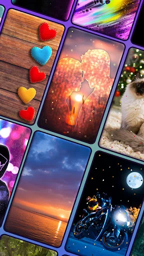 Moving wallpaper collection featuring romantic hearts, candles, sunset scenes, and constellation backgrounds