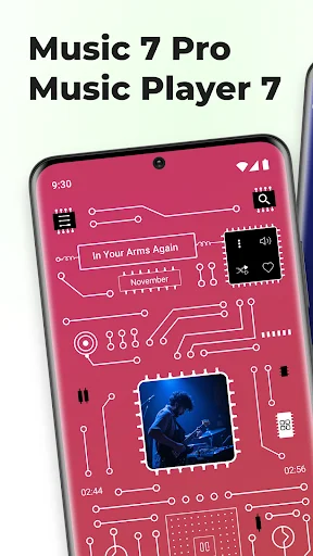 Music 7 Pro app showcase with circuit board design theme and HD music player interface on smartphone display