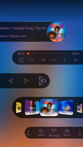 Music 7 Pro player with dark gradient background, CD visualization effect, playback controls, and song queue display below