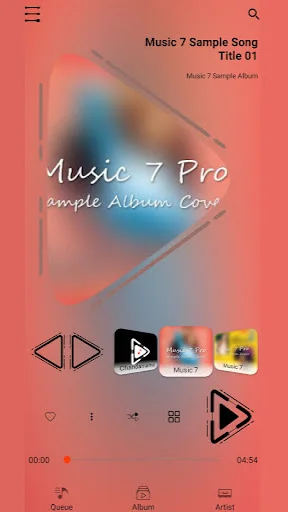 Music 7 Pro player interface showing sample song with album artwork, play button control, and bottom library navigation