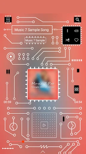 Music 7 Pro circuit board design theme with technical aesthetic, song information, playback controls, and music visualization