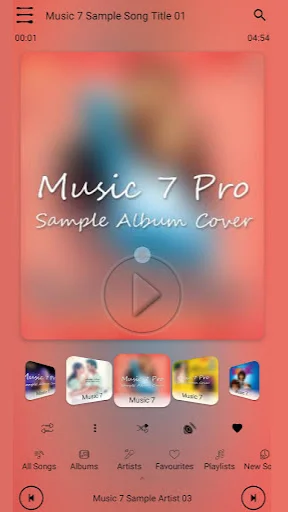 Music 7 Pro player with coral gradient background, album artwork, circular play button, and bottom navigation for browsing music
