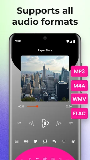 Music 7 Pro supports all audio formats including MP3, M4A, WMV, FLAC with playback controls and song progress display