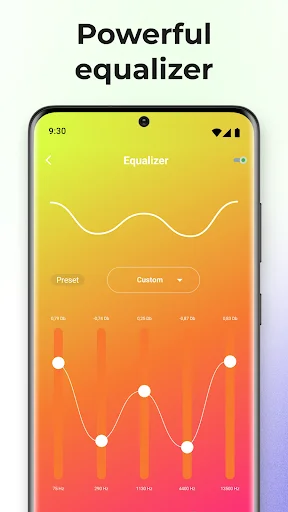 Music 7 Pro powerful equalizer interface with custom preset controls and frequency adjustment sliders on gradient background