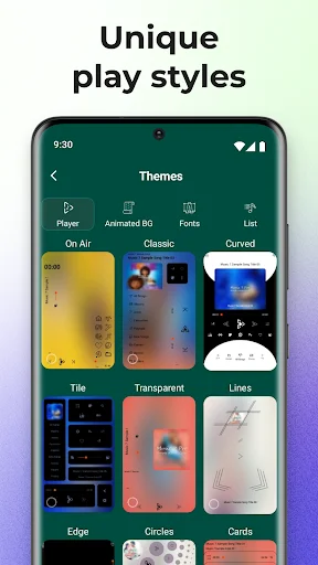 Music 7 Pro themes gallery displaying multiple unique player designs including animated, transparent, lines, circles, and cards styles