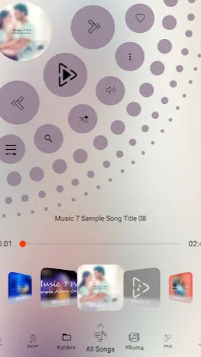 Music 7 Pro minimalist player interface with circular icon controls, purple theme, and music library navigation at bottom