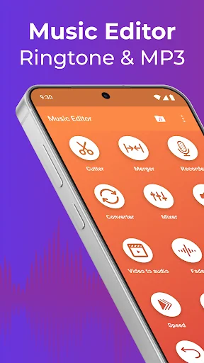 Music Editor app home screen showing tool icons: Cutter, Merger, Recorder, Converter, Mixer, and more audio editing features
