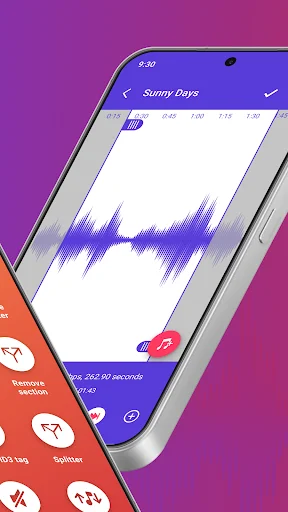 Audio waveform editor displaying Sunny Days track with purple sound wave visualization and timeline for precise MP3 cutting