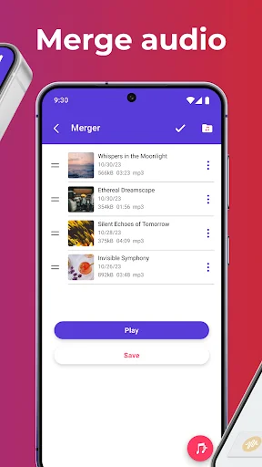Merge audio screen listing multiple songs with Play and Save buttons for combining tracks into custom ringtones