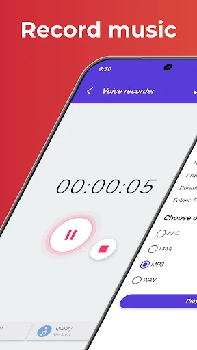 Voice recorder interface showing timer at 00:00:05 with pause/stop controls and audio format options AAC, M4A, MP3, WAV