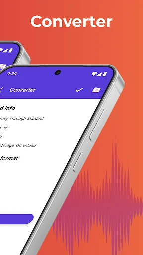 Audio converter feature screen with waveform visualization for changing music file formats and sound quality settings