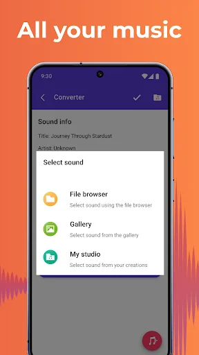 Sound selection dialog with File browser, Gallery, and My studio options for importing music to edit and convert