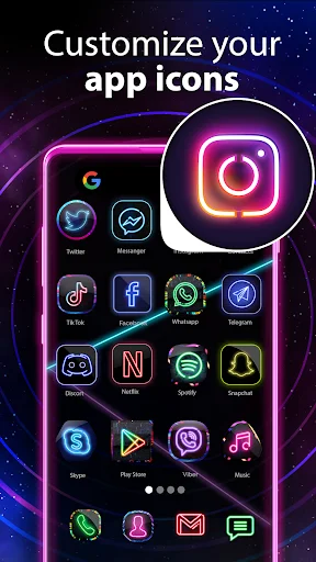 Neon Icon Designer app showing customizable neon app icons in vibrant colors on mobile home screen