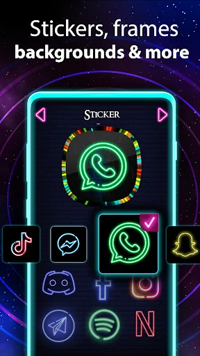 Icon customization interface showing stickers, frames, and background options for neon app icons