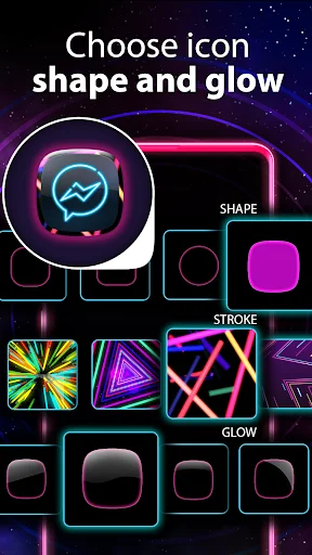 Icon editor displaying shape, stroke, and glow customization options for creating neon app icons