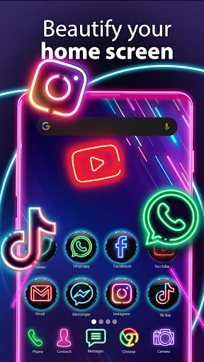 Beautified home screen featuring vibrant neon app icons including Instagram, YouTube, and WhatsApp