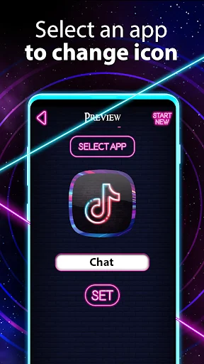 App selection screen for changing app icon with preview and set button in Neon Icon Designer