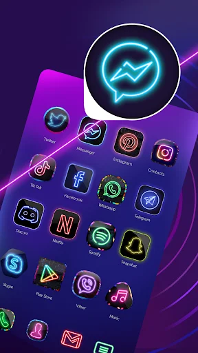 Mobile home screen with glowing neon app icons featuring cyan Messenger icon design