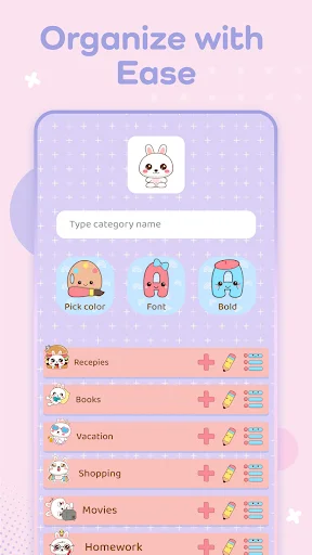 Note organization categories with kawaii animal icons and custom labels for recipes, books, and tasks