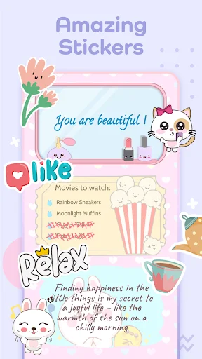 Decorative stickers in cute notes app featuring motivational text, lists, and kawaii characters on pastel background