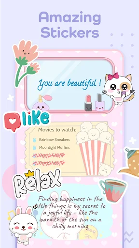 Kawaii notes app stickers feature with motivational quotes, movie lists, and adorable decorative elements