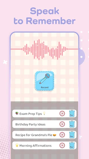 Voice memo feature in cute notes app displaying audio waveform and saved note list with kawaii design